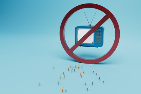propaganda is prohibited. icon with a crossed out old TV around which people. 3d rendering.の写真素材