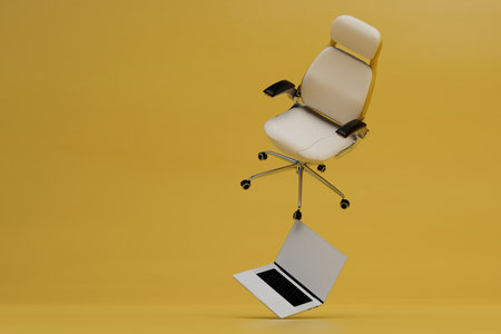 items to create a workplace. laptop and office chair on a yellow background. 3d rendering.の写真素材