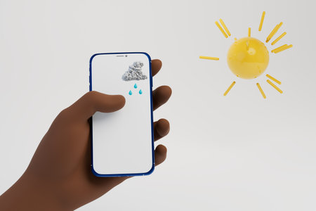 wrong weather forecast. an african american man holds a smartphone in his hand with a rain forecast. 3d rendering.の写真素材