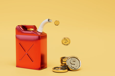 high cost of engine fuel. red canister with fuel and dollars on a yellow background. 3d rendering.の写真素材