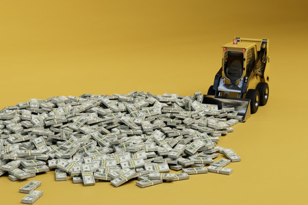 hard money making. excavator and many packs of dollars on a yellow background. 3d rendering.