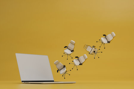 items to create a workplace. laptop and office chairs on a yellow background. 3d rendering.の写真素材
