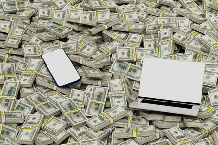 Earnings on the Internet from a smartphone and laptop. phone and laptop on the background of paper dollars. 3d rendering.の写真素材
