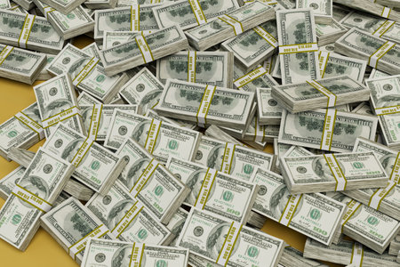 stacks of paper dollars on a yellow background. 3d rendering.の写真素材