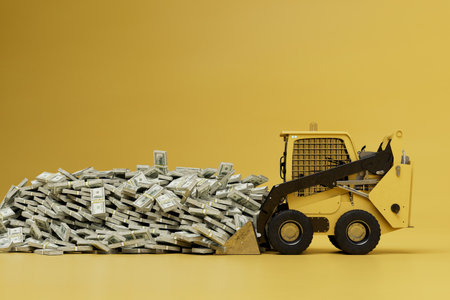 good earnings on heavy equipment. excavator and many packs of dollars on a yellow background. 3d rendering.の写真素材