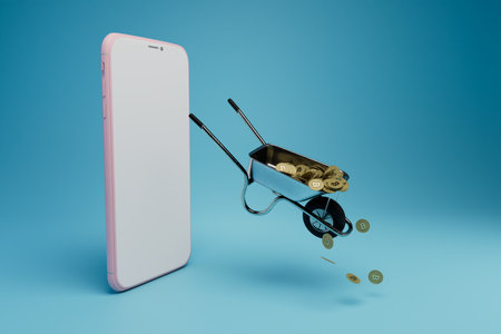 good earnings on the Internet on cryptocurrency. phone and cart with gold coins. 3d rendering.の写真素材
