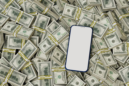 earn money online from smartphone. phone on the background of patterns of paper dollars. 3d rendering.の写真素材