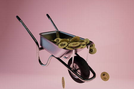 good earnings on cryptocurrency. full construction cart with bitcoin coins. 3d rendering.の写真素材