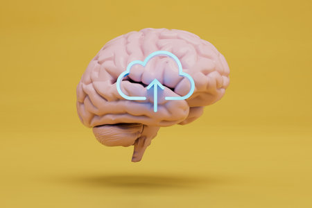 uploading information to the cloud. cloud on the brain on a yellow background. 3d rendering.の写真素材