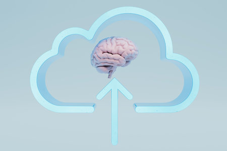 uploading information to the cloud. brain in a cloud on a white background. 3d rendering.の写真素材