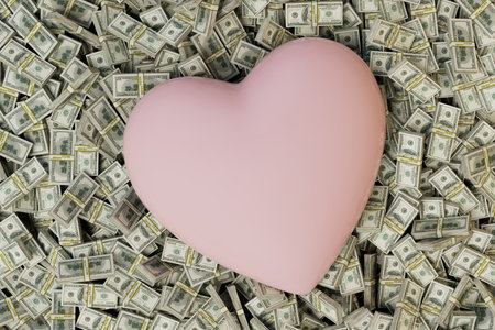love for money. big pink heart on the background of paper dollar patterns. 3d rendering.の写真素材