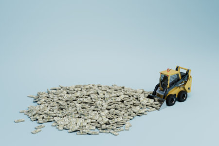 the concept of earning on heavy machinery. excavator and many packs of dollars on a blue background. 3d rendering.の写真素材