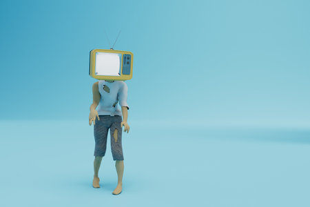 zombification by television propaganda. woman with an old TV on her head. 3d rendering.の写真素材