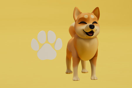 dog paw print. dog next to a paw print on a yellow background. 3d rendering.の写真素材