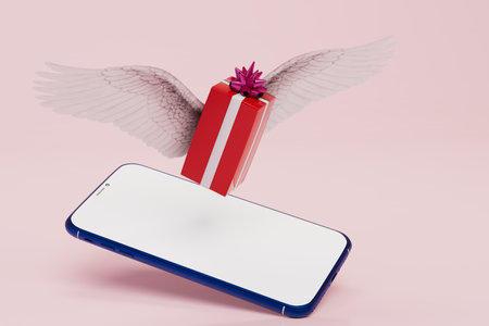 buying gifts online. smartphone and a gift flying on wings on a pink background. 3d rendering.の写真素材