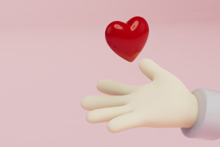 I will give you my heart. hand with a red heart on a pink background. copy paste, copy space. 3d rendering.の写真素材