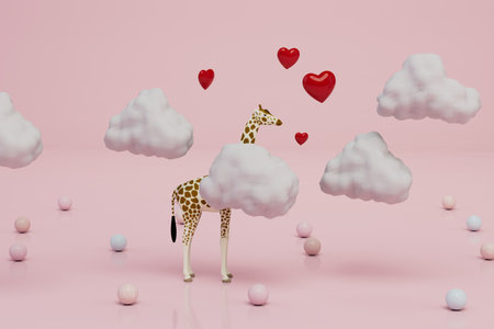 love concept. giraffe in the clouds with hearts on a pink background with colorful balloons. 3d rendering.の写真素材