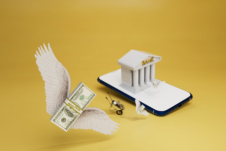 internet banking. bank building, smartphone, cart with coins and dollars with wings. 3d rendering.の写真素材