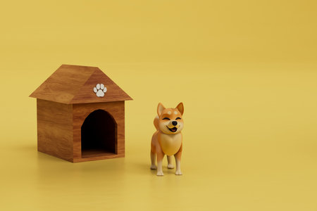 dog house. the dog stands near the booth on a yellow background. copy paste, copy space. 3d rendering.の写真素材
