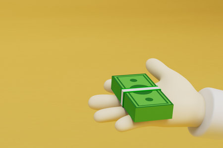 buying something with cash. hand with a pack of paper dollars on a yellow background. copy-paste. 3d rendering.の写真素材