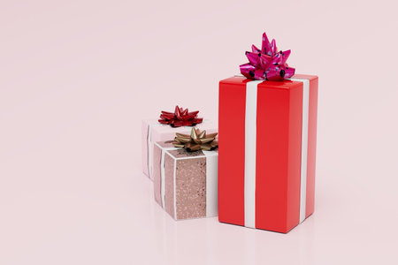 gift boxes of different sizes and colors on a pink background. copy paste, copy space. 3d rendering.の写真素材