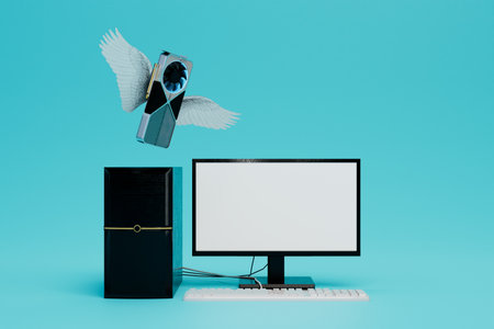 video card for cryptocurrency mining on a computer. computer and a video card flying nearby. 3d rendering.の写真素材