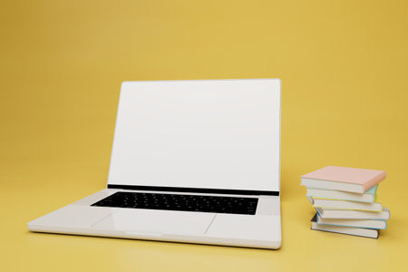 online learning concept. laptop next to a stack of books on a yellow background. 3d rendering.の写真素材