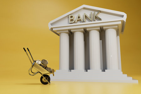 bank operations. bank building and a trolley with coins next to it on a yellow background. 3d rendering.の写真素材