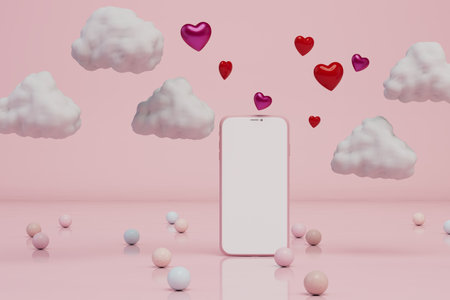 love concept. phone in the clouds with hearts on a pink background with colorful balloons. 3d rendering.の写真素材