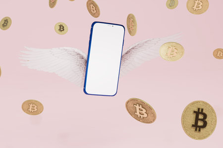 bitcoin earning online. smartphone with wings around which bitcoins fly. 3d rendering.の写真素材