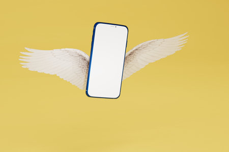 a smartphone flying on wings on a yellow background. copy paste, copy space. 3d rendering.の写真素材