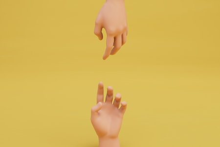 two hands reaching out to each other on a yellow background. 3d rendering.の写真素材