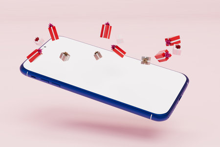 buying gifts online. smartphone and multi-colored gift boxes flying out of it. 3d rendering.の写真素材