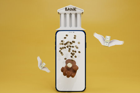 online banking concept. bank building, smartphone, flying dollars and a hand with coins in the phone. 3d rendering.の写真素材