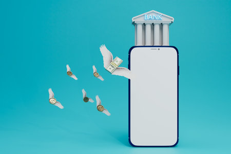 online banking concept. bank building, smartphone, flying paper dollars and coins. 3d rendering.の写真素材