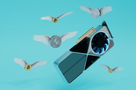 video card for cryptocurrency mining. video card and coins of bitcoin and ethereum with wings. 3d rendering.の写真素材