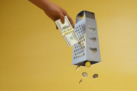 change coin concept. erasing cash on a grater and receiving dollar coins. 3d rendering.の写真素材