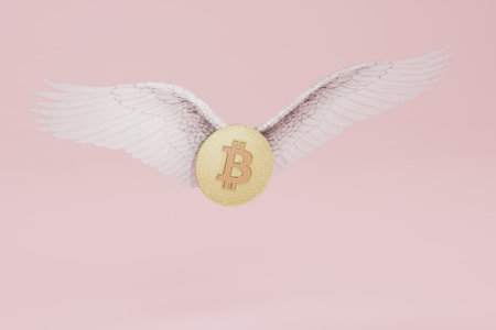 a bitcoin coin flying on wings on a pink pastel background. 3d rendering.の写真素材