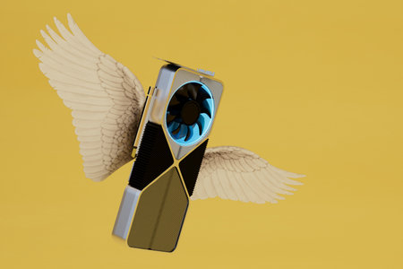 video card for cryptocurrency mining with wings on a yellow background. copy paste, copy space. 3d...