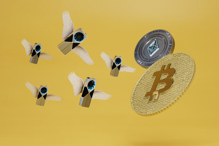 flying on the wings of video cards for cryptocurrency mining. bitcoins and ethereum coins. 3d...