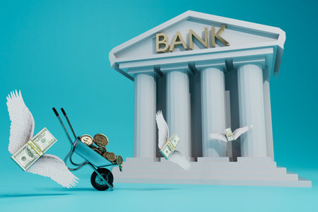 bank operations. bank building, cart with coins and dollars with wings flying towards the bank. 3d rendering.の写真素材