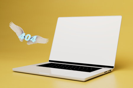 interrupted internet connection. 404 error with wings near laptop on yellow background. 3d rendering.の写真素材