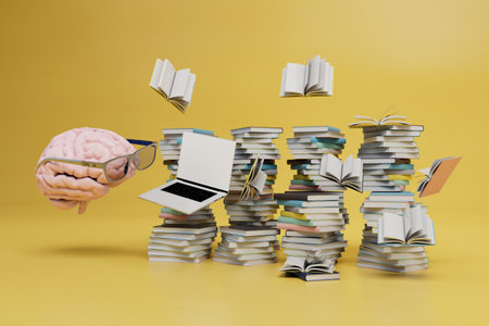 online learning concept. brain in glasses in front of a laptop and a pile of books on a yellow...