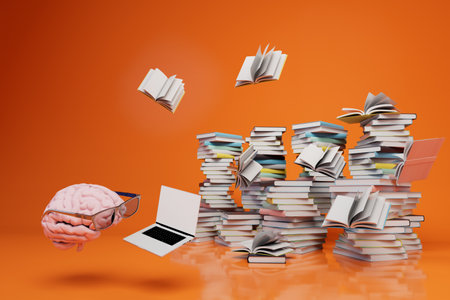 the brain is tuned to online learning. men in glasses in front of laptops and a pile of books. 3d rendering.の写真素材