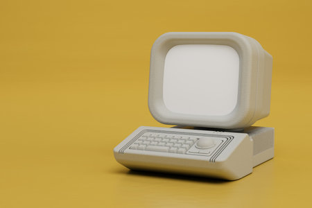 old vintage computer on a yellow background copy paste, copy space. 3d rendering.の写真素材