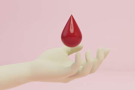 blood transfusion concept. hand and a drop of blood on a pink background. 3d rendering.の写真素材