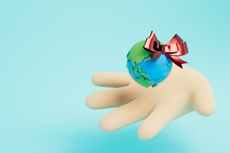 I will give you the whole world. travel around the world as a gift. hand with planet and gift bow. 3d rendering.の写真素材