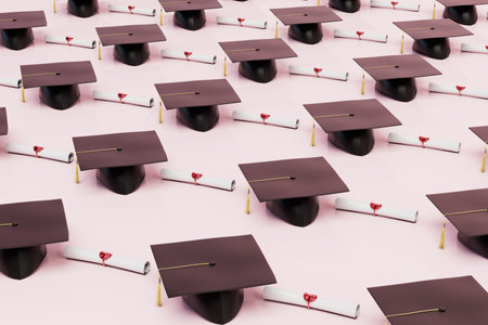 successful completion of studies. patterns of caps and master's diplomas on a pastel background. 3d rendering.の写真素材