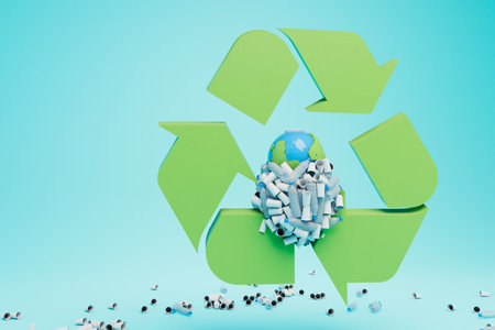 environmental catastrophy. the planet is all in plastic. waste recycling icon. 3d rendering.の写真素材