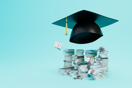 higher education concept. master's cap next to a pile of books on a blue background. copy-paste. 3d rendering.の写真素材